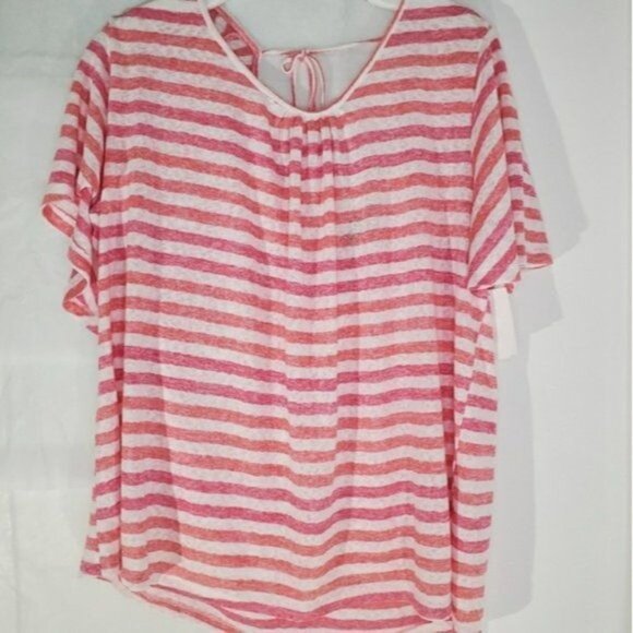 B‎ COLLECTION Womens Shirt Top Tee Soft Coral White Stripe Semi-Sheer Plus 2X - Picture 2 of 7